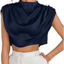 OYOANGLE Women's Elegant Cap Sleeve Satin Top Blouse Ruched Mock Neck Silk Camisole Tops Work Dressy Casual Crop Tops, M