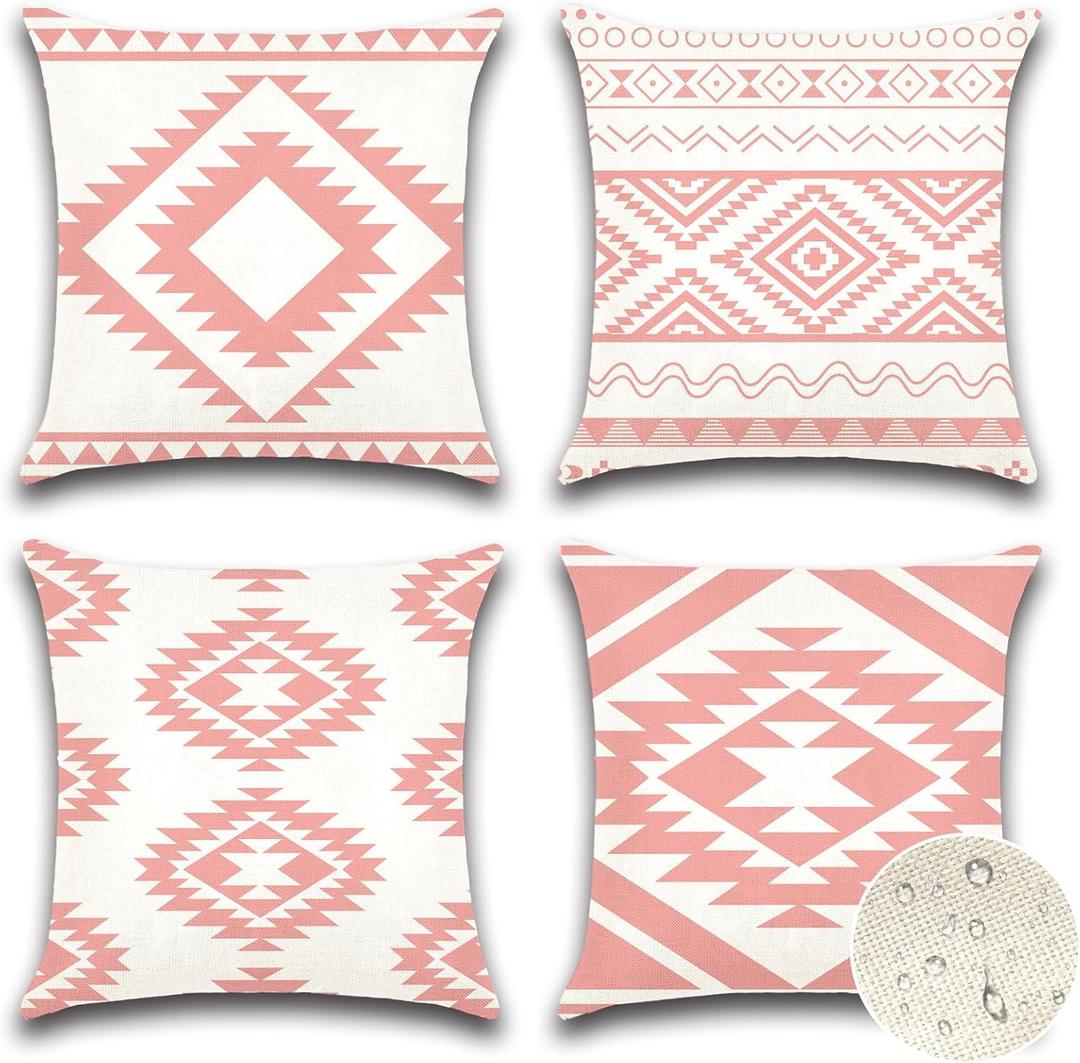 OTOSTAR Outdoor Waterproof Throw Pillow Covers 18x18 Inch Set of 4 Boho Farmhouse Outdoor Cushion Covers for Patio Funiture GardenGeometry80-Pink