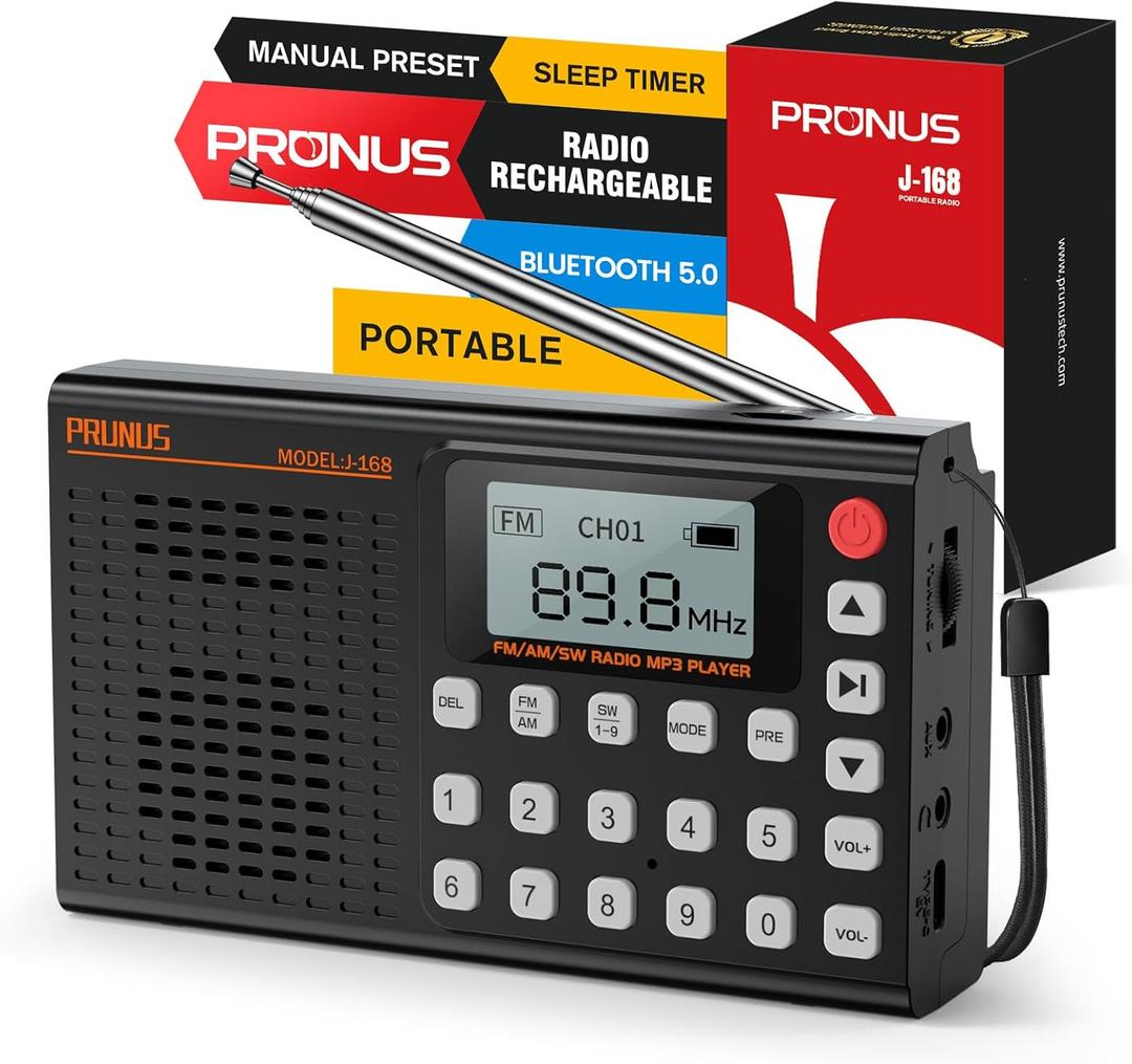PRUNUS J168 AM FM Radio Bluetooth Speaker, Preset, Excellent Reception, TF Card Playback, Sleep Timer, USB C Charging, Headphone Jack, Long Antenna, Digital Radio AM FM