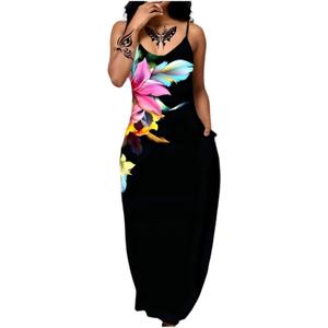 Women's Summer Maxi Dress Long Dress Casual Boho Sleeveless Strap Smocked Tiered Long Beach Sun Dresses (Black, XL)