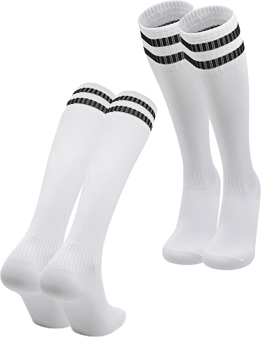 2 Pairs Kids Soccer Socks Boys Girls Striped Knee High Tube Socks Baseball Softball Uniform Over Knee Socks (White)
