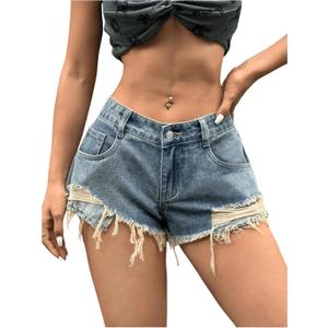Women's Ripped Raw Hem Denim Shorts Retro Low Rise Jeans Shorts with Pockets (Blue)