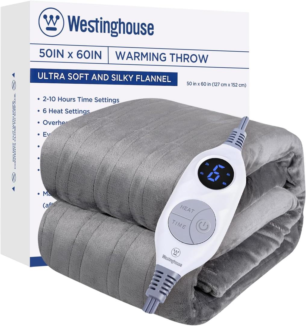 Westinghouse Electric Blanket Heated Throw, Super Cozy Soft Flannel 50"" x 60"" Heated Throw with 6 Fast Heating Levels & 2-10 Auto-Off, Machine Washable, ETL&FCC Certification, Light Grey