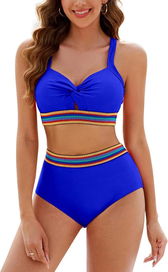 Adisputent High Waisted Bikini Sets for Women Cutout Two Piece Swimsuits 2025 Crisscross Swimwear Colorblock Bathing Suits (Large, Royal Blue)