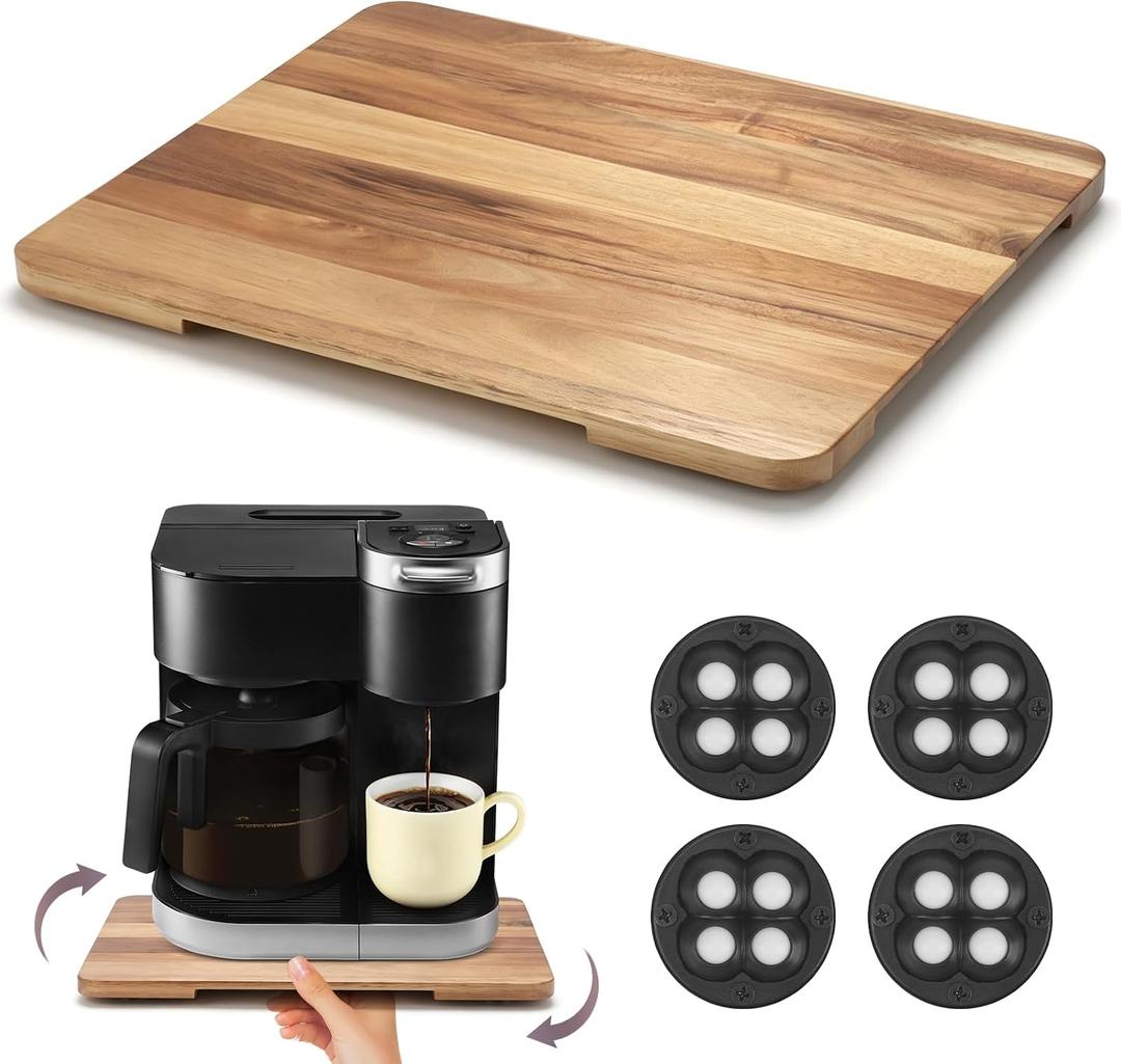 Appliance Slider Acacia Wood 360° Rolling Sliding Tray for Coffee Maker Countertop with Wheels Coffee Pot Slider Rolling Tray Appliances Mat Easily from Under The Cabinet,Natural 11.6"×13.9"