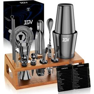 IOV Mixology Bartender Kit Bar Set with Stand | 17-Piece Cocktail Shaker Set | 28oz Boston Shaker Drink Mixer Set with All Essential Accessory Tools | Fun Housewarming Gift (Black)