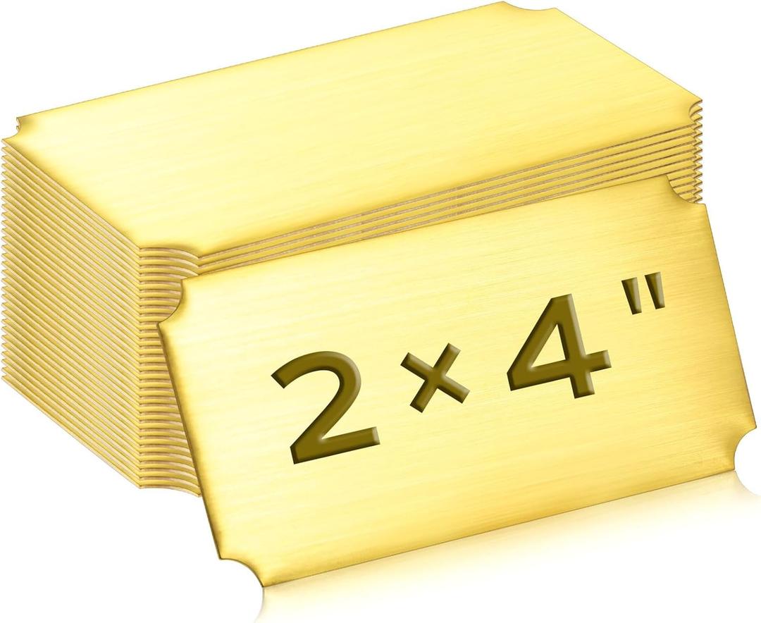 Therwen 30 Pcs Name Plates Laser Engraved Brushed Stainless Steel Plate Personalized Plaque Blank Custom Name Tag Frame Label with Adhesive Backing (Gold,4''x 2'',Notched Corner)