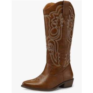 mysoft Women's Cowboy Boots Mid Calf Cowgirl Embroidered Western Pointed Toe Chunky Heel Pull On Knee High Boots 9.5