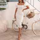 Cololura Elegant Sexy Floral Lace Short Sleeve Off Shoulder Evening Gown Party Formal Bodycon Midi Dress (White, M)