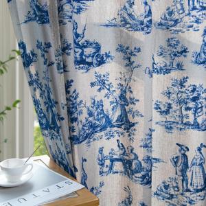 Blue Toile Curtains for Living Room 63 Inch Length 2 Panels Set Linen Toile de Jouy French Country Vintage Victorian Window Curtain Drapes for Bedroom Grommet