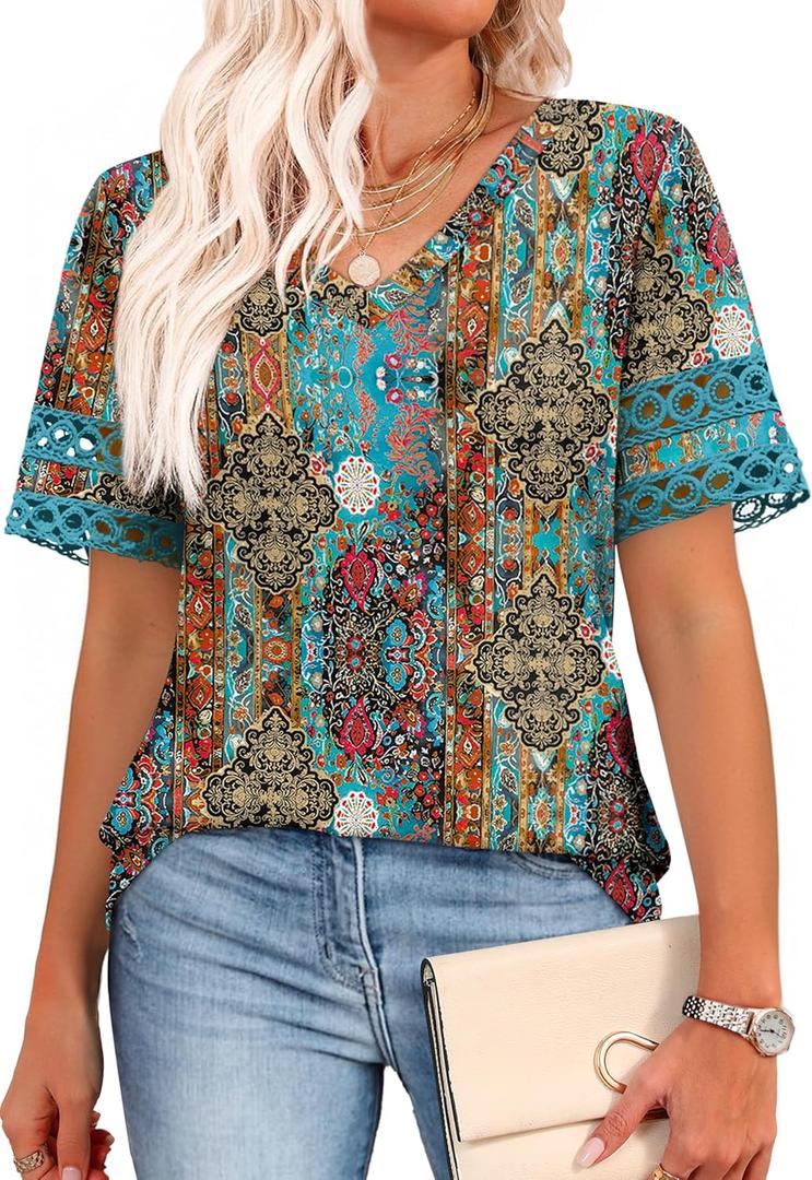 XIEERDUO Womens Summer Tops Dressy Casual Blouses for Women V Neck Short Sleeve Shirts Fashion Clothes Curved Hem Flowy (Blue, XXXL)