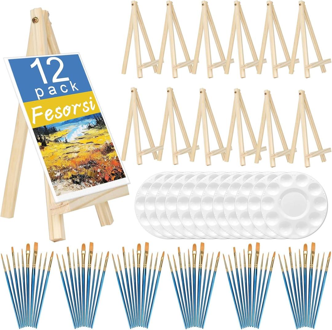 Mini Easels 12 Pack, Small Easels for Painting 24cm/9 Inch, Folding Design, Small Easel with 12 Palettes and 60 Brushes, Suitable for Outdoor Painting Party
