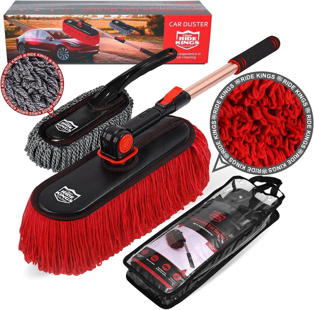 Car Duster Exterior Scratch Free,Car Dust Brush with Extendable Telescoping Handle to Remove Dust Pollen,Duster for Car,Truck,RV and Motorcycle,Large Auto Mop Duster Head, Wax Cotton Hair (Red Set-cotton)