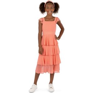 Speechless Girls' Flutter Sleeve Midi Tiered Dress (7, Coral)