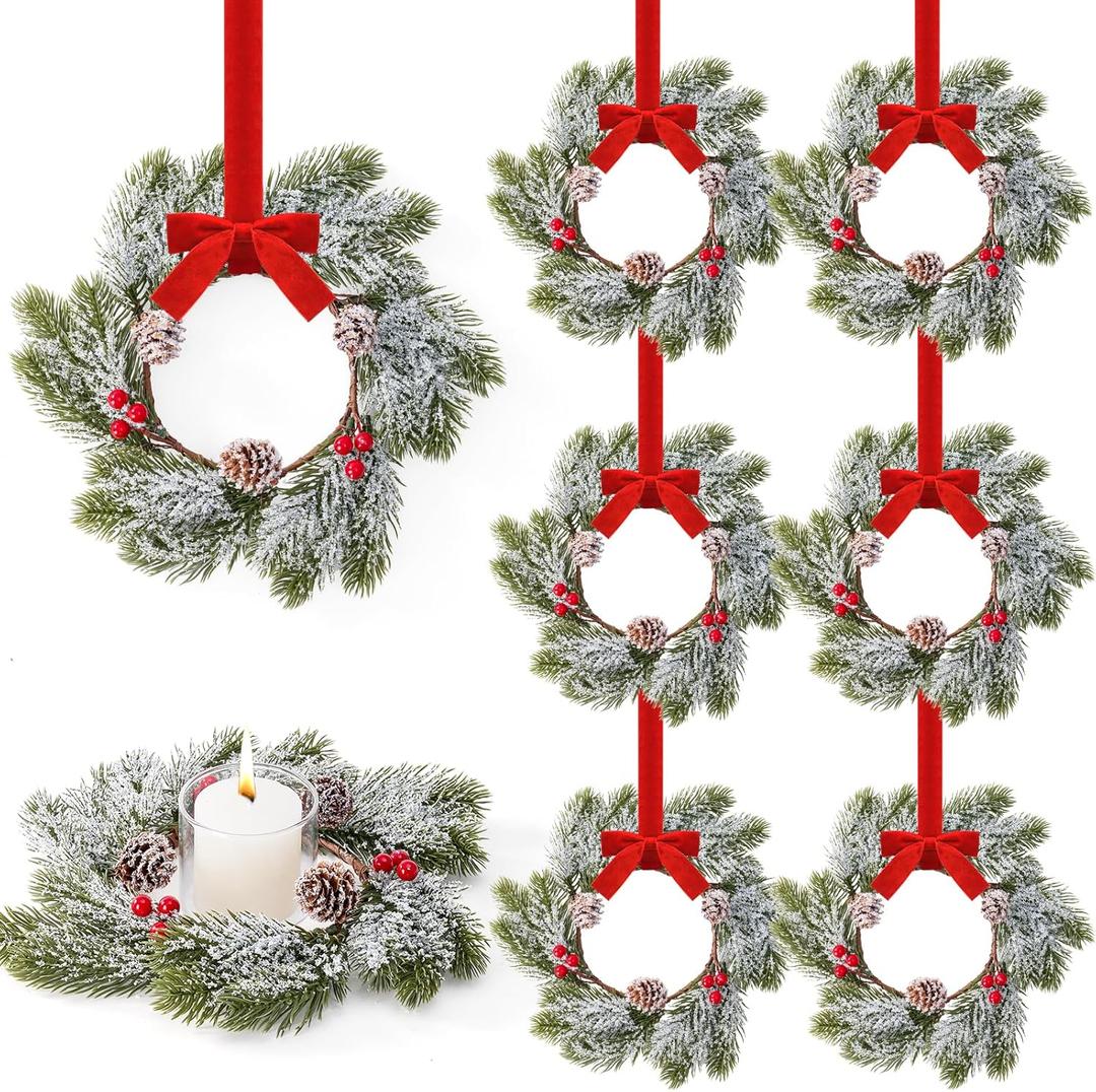 Christmas Candle Rings-8pcs Small Mini Christmas Wreaths for Kitchen Cabinets-Frosted Cedar Christmas Candle Rings Wreaths for Pillars/ Window/ Chair Wall Table Decorations
