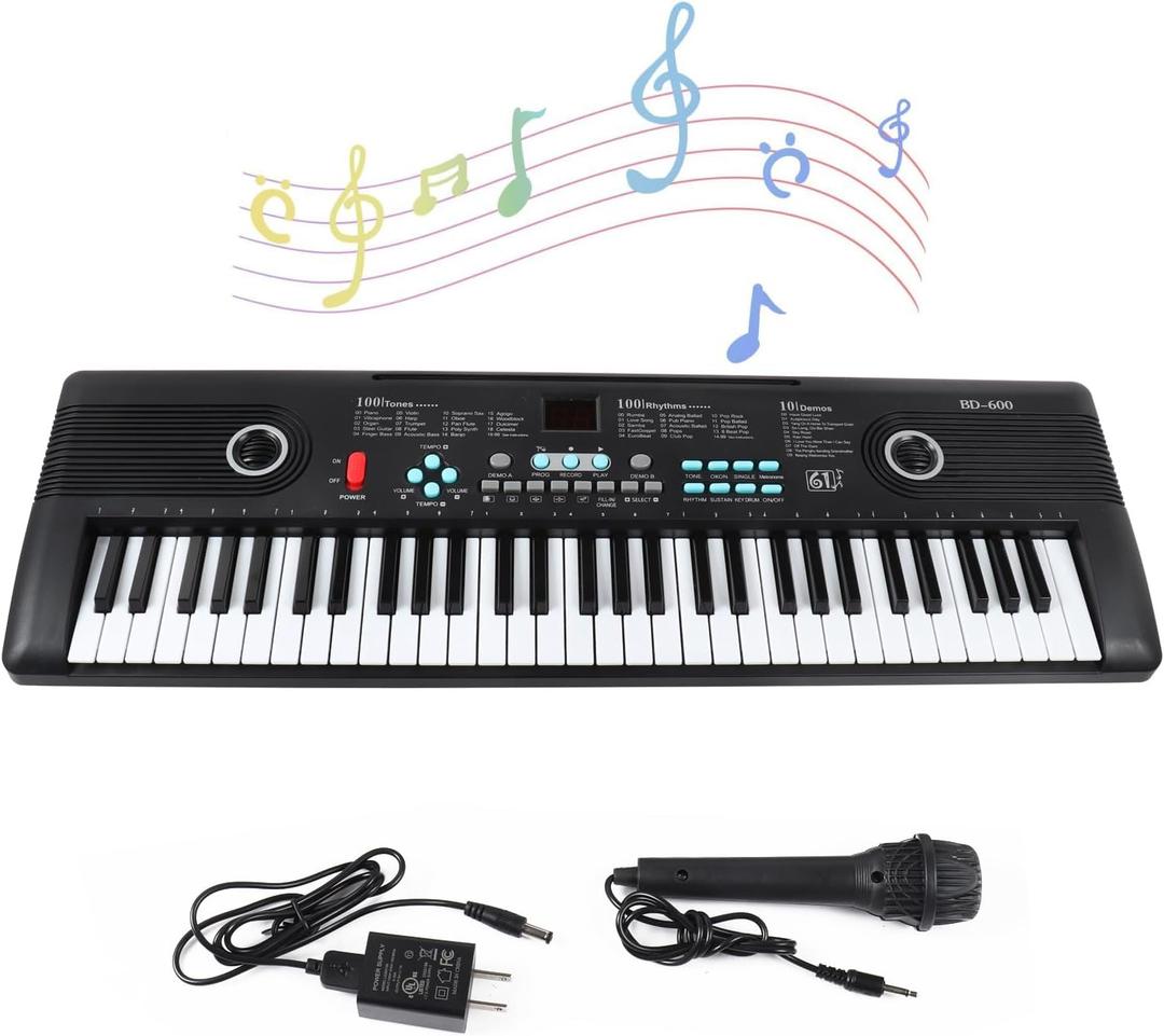 61 keys piano keyboard, Electronic Digital Piano with Built-In Speaker Microphone, Sheet Stand and Power Supply, Portable Keyboard Gift Teaching for Beginner (Black600)