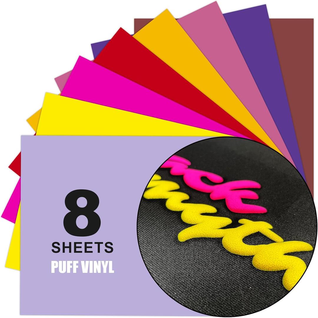 Yiwloer Puff Vinyl Heat Transfer, 8pcs 12" x 10" 3D Puff Heat Transfer Vinyl Sheets for Heat Press T-Shirt DIY Sets, Dark Multi-Colour Mixed HTV Puff Vinyl, Easy Cutting and Disposal