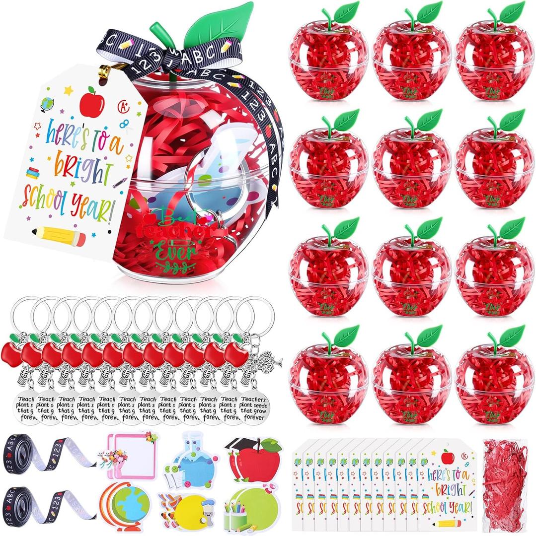 AmazingSpark 12 Sets Plastic Apple Container Teacher Appreciation Gifts, Large Apple Shaped Candy Jars Treat Boxes, Thank You Teachers Gifts, Classroom Party Favors (Clear)