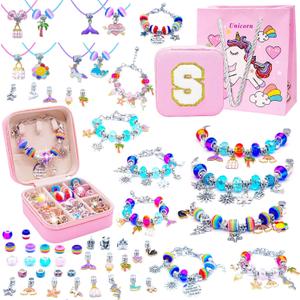 SUREHOME Charm Bracelet Making Kit Girls Christmas Gifts Unicorn Toy Jewelry Making Kit 8-12 Personalized Gifts for Ages 6 7 8 9 10 11 Year Old Girls Birthday Stuff Art Craft Supplies - Initial Box S