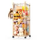 Stuffed Animal Storage Organizer, Wooden Plushies Toy Zoo Holder with Wheels, Large Capacity Storage Tower for Toys, Mobile Toy Holder Cage for Kids Playroom, Nursery, Toddler Room, 2 Tier, Wooden