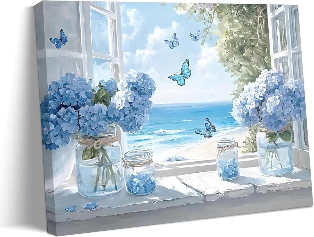 Blue Hydrangea Canvas Wall Art Beach Coastal Wall Decor 24x16in Framed