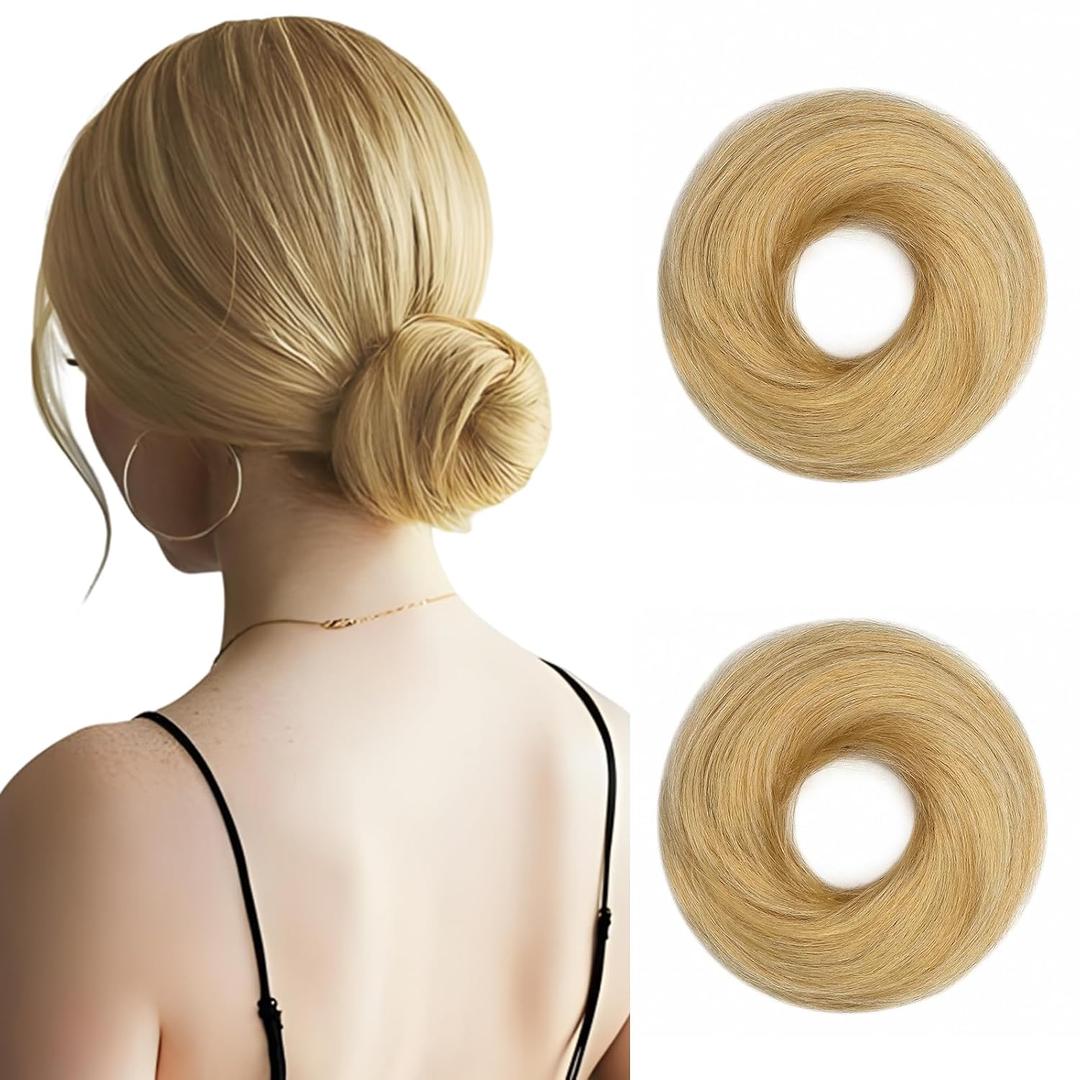 Hairro 2PCS Human Hair Bun Hair Piece Messy Bun Hair Scrunchies Remy Updo Hairpieces Easy Up-do with Elastic Rubber Band 46g #613 Bleach Blonde