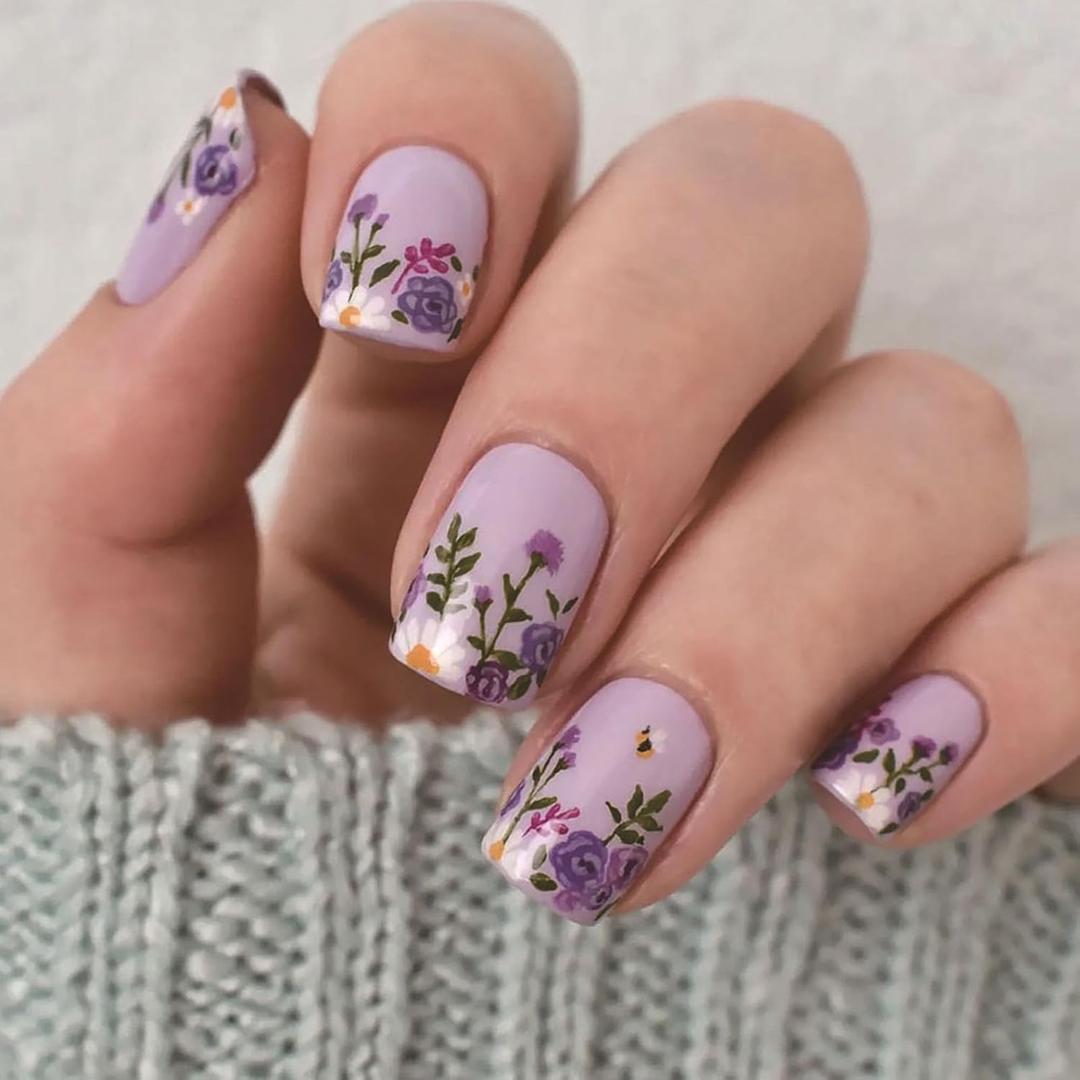 Short Press on Nails Square Fake Nails with Flower Leaves Designs French Tip Nails Press ons Glossy Glue on Nail Purple Acrylic Nail Artificial Spring Stick on Nail for Women 24Pcs