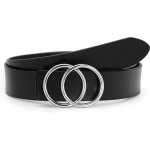 SUOSDEY Women Leather Belt Fashion Double O-Ring Soft Faux Leather Waist Belts For Jeans Dress D-black/Silver Removable Buckle Size: M: 29''-34''