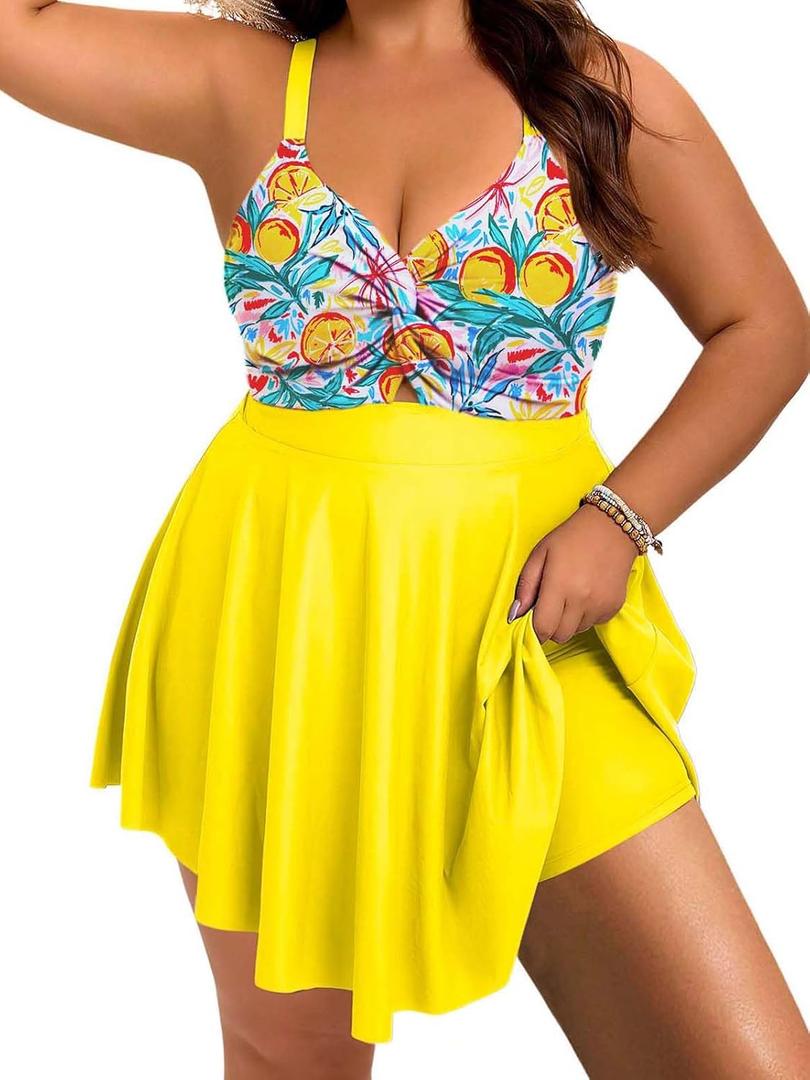 Arolina Plus Size Bathing Suit for Women Swim Dress Tummy Control Swimsuits Two Piece Flowy Tankini with Shorts (Flower 12)