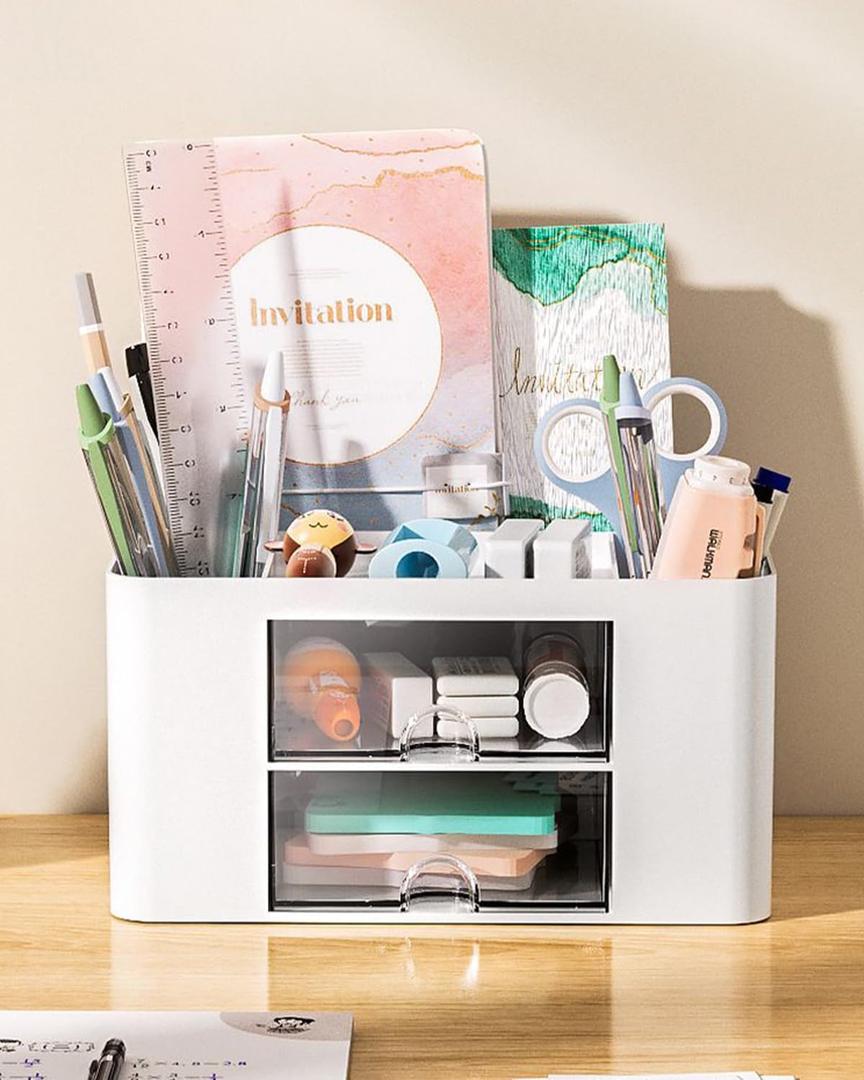 Office Desk Organizer with 3 Drawers Multi-Functional Desktop Pen Pencil Case Storage Box,Desktop Organizer for Office Home Supplies White LCC570-02