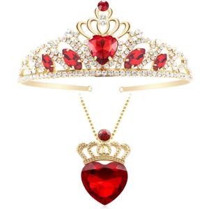 Evie Red Heart Crown and Necklace Descendant 3 Gold Tiara Jewelry Set Queen of Hearts Gift for Party