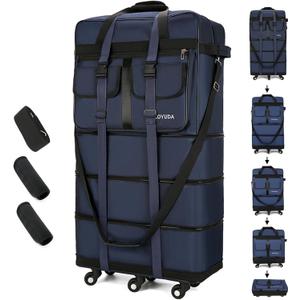 130L Expandable Luggage, 40 Inch Suitcase with Wheels, Collapsible Luggage with Wheels, Rolling Duffle Bag with wheels,Foldable Suitcase with2Handle Wrap 2Fixing Straps 1Shoulder Strap (Blue), Large