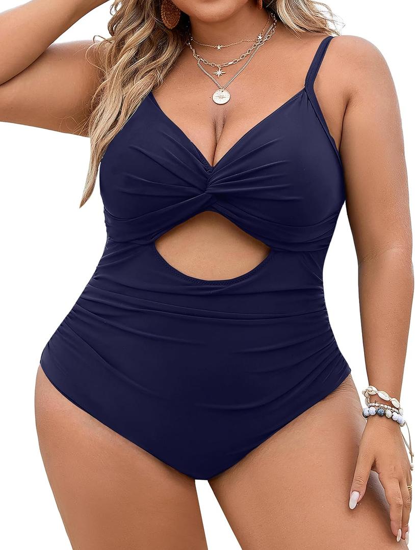 Blooming Jelly Womens Plus Size Bathing Suit Tummy Control One Piece Swimsuit Twist Front Ruched Swimwear (Large, Dark Blue)