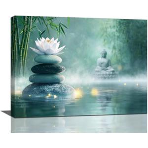 Olivine Zen Decor Wall Art, Lotus Pictures Wall Decor, Stones Flower Bloom Canvas Prints Painting, Framed Artwork for Meditation Bathroom Bedroom Living Room Office Home Decoration 16"x12"