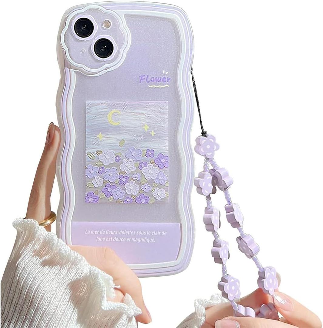Fycyko Compatible with iPhone 14 Case with Cute Purple Flower Floral Pattern Design Aesthetic Women Teen Girls Flower Lens Protection Case for iPhone 14 +Chain-Flower