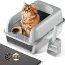 Extra Large Litter Box for Big Cats, Stainless Steel Cat Litter Box with High Side, Anti-Leakage,Non-Stick, Includes Litter Mat & Metal Scoop,Easy Cleaning (XL24" L x 16" W'x 12" H, Light Gray)