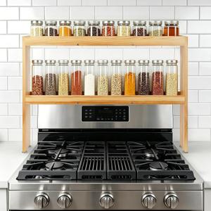 2 Tier Wood Over the Stove Spice Rack, 32.7" Wide Spice Rack Shelf for Stove Top, Kitchen Organizer Stove Spice Top Rack, 23.6" Height Extra Oven Back Sink Countertop, Easy to Assemble