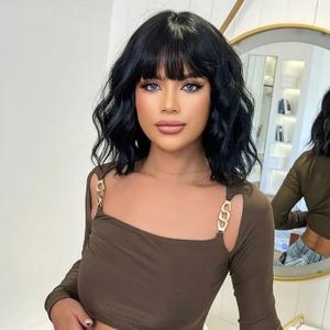 Black Wig with Bangs Short Wavy Wigs for Women Black Curly Shoulder Length Bob Wig Synthetic fiber Wigs for Daily Party Use14 Inch
