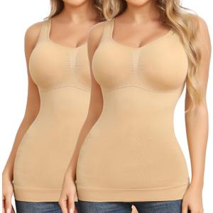 Shapewear Camisoles With Built in Bra Tummy Control Compression Tank Tops for Women Body Shaper Padded Tanks (Beige, L)