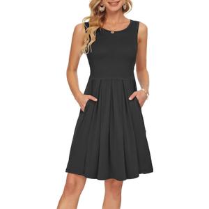 AUSELILY Women's Sleeveless Dresses for Women 2025 Pleated Loose Swing Knee Length Dress with Pockets (Black, XXL)