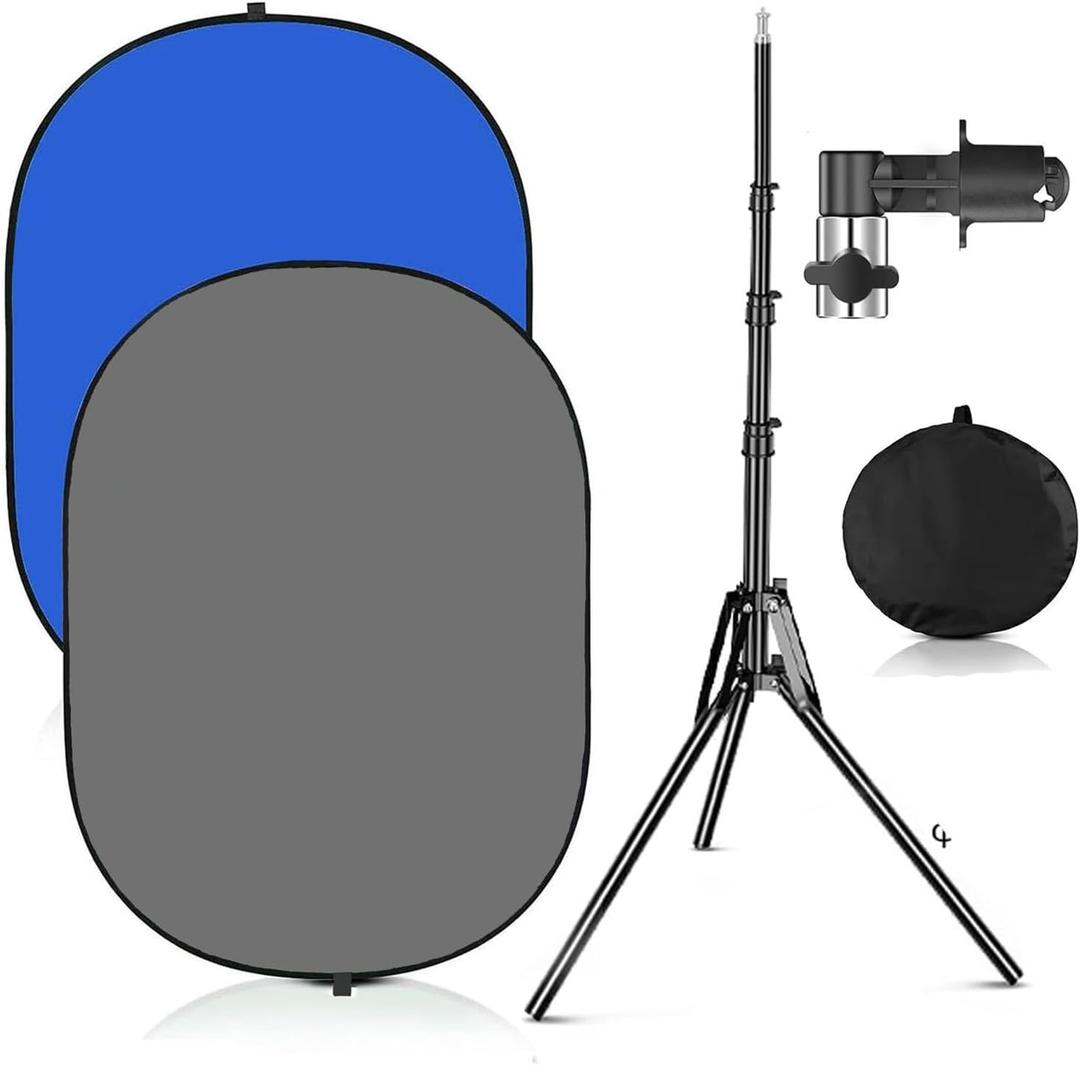 3.3x5ft/1x1.5m Chromakey Blue Grey Backdrop with 6.23ft Stand, 2-in-1 Blue Screen and Grey Screen Collapsible Reversible Pop-Up Background Panel for Photography, Live Streaming, Video Shooting