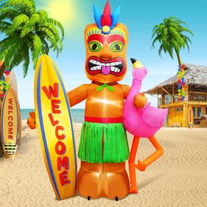 6FT Tall Luau Party Inflatable Tiki and Flamingo Surfboard Outdoor Decoration, Blow Up Tiki Inflatables Welcome Sign Built-in 6 LEDs for Beach Tropical Pool Surfing Party Supplies