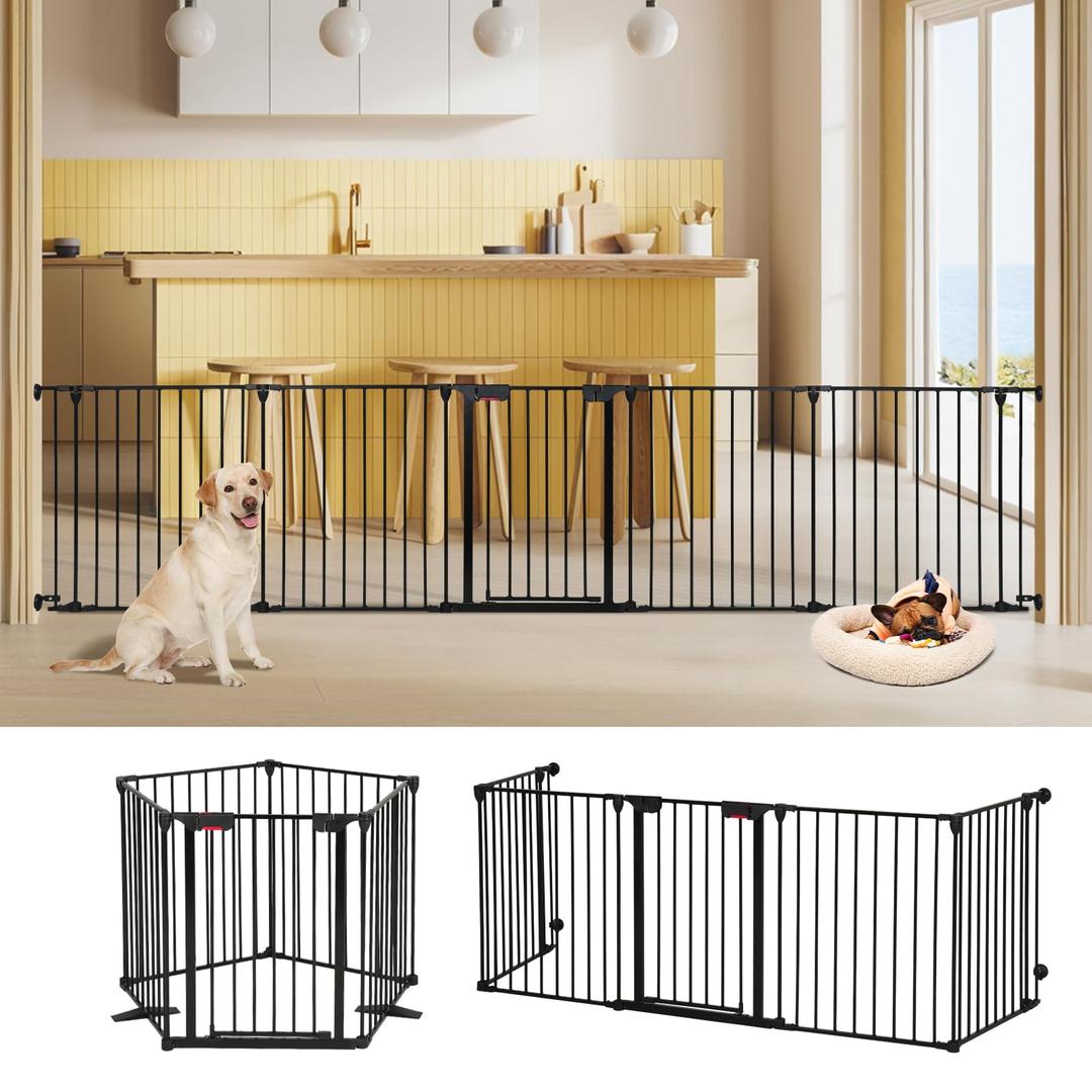 AGESISI Freestanding Dog Gates with Door Walk Through, Extra Wide Doggy Door 150" W x 29" H Pet Gate Safty 6 Panels Dog Fence for Stairs, Doorways