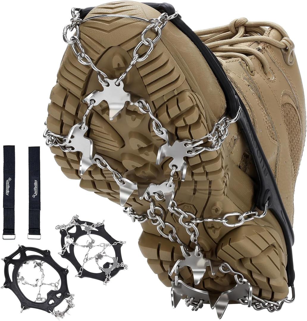 Crampons 19 Spikes with Stainless Steel Chain Ice Snow Grips Traction Cleats System Safe Protect for Walking, Jogging, Climbing, Hiking on Snow and Ice, Boots Chains for Women Men (Medium, black)