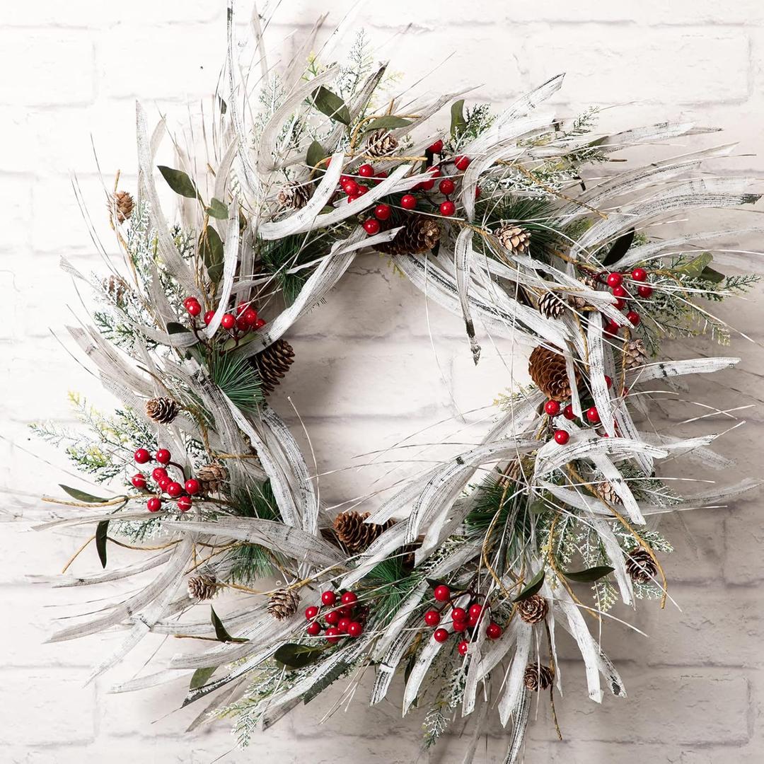 LOHASBEE Artificial Christmas Wreath, 24" Snow Flocked Pine Cone Grapevine Frosted Wreath with Red Berries Eucalyptus for Front Door Winter Christmas Home Hanging Wall Window Party Decor