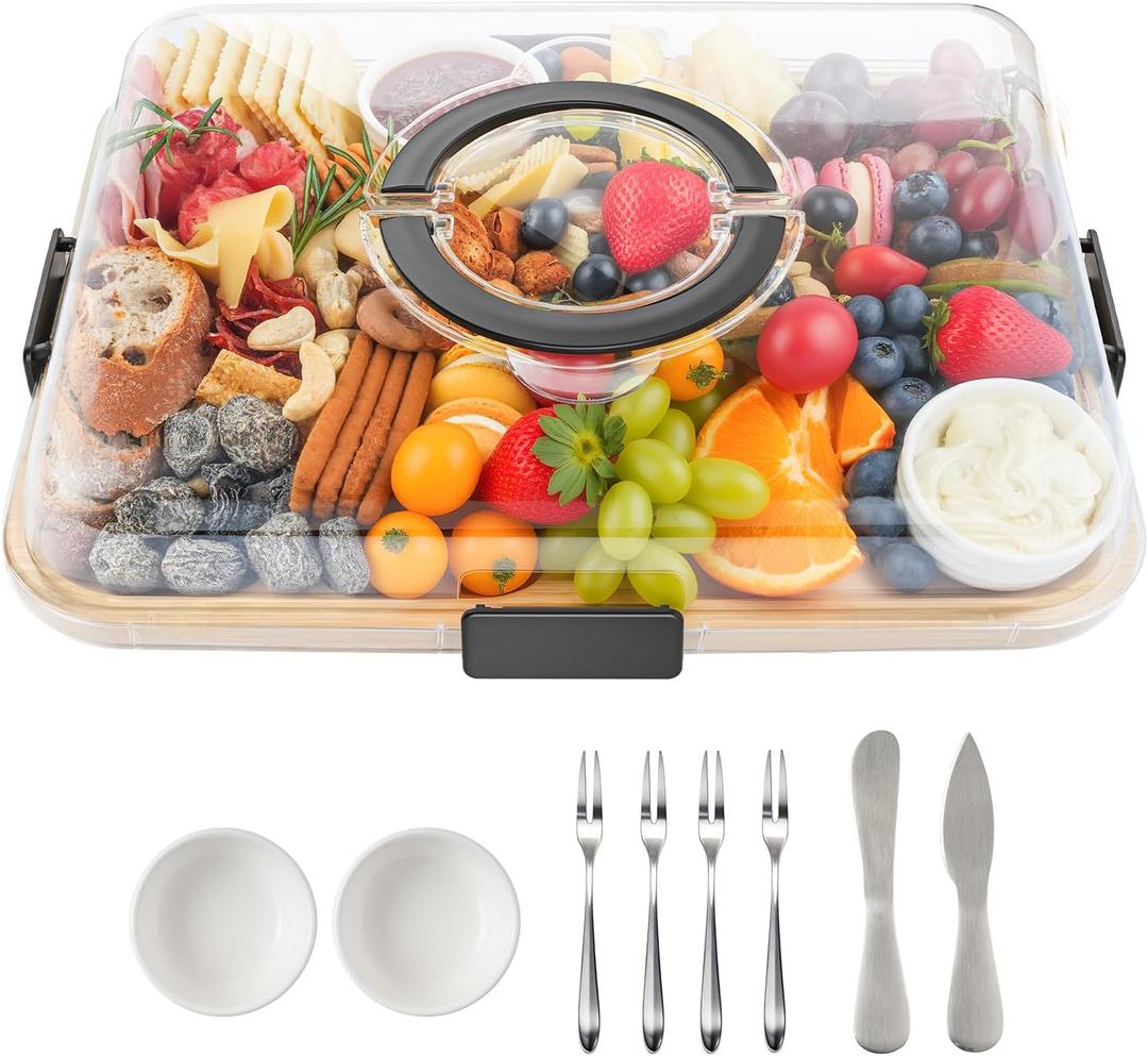 Charcuterie Board with Lid and Handle, Portable Travel Design Bamboo Cheese Board with Knife Set, Meat Fruit Serving Tray Platter, House Warming Gifts New Home, Gifts for Women, 6 Compartments