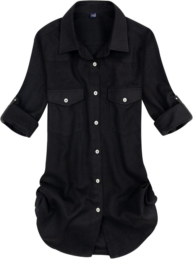 Alimens & Gentle Womens Plaid Flannel Shirts Long Sleeve Roll Up Casual Button Down Shirt (Large, Black)