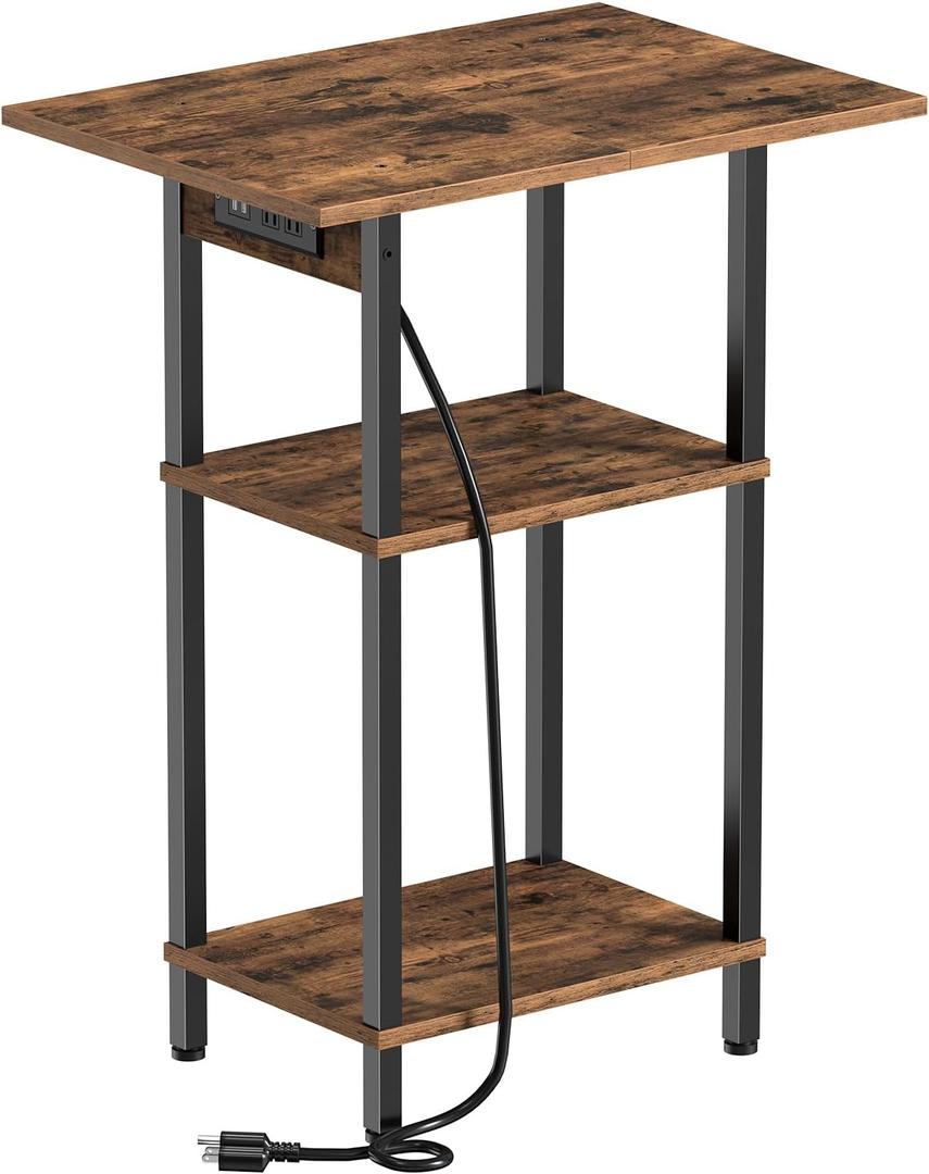 Tall End Table with Charging Station, Skinny Nightstand with USB Ports and Outlets, 3 Tier Narrow Side Table with Storage for Bedroom, Living Room, Office, Rustic Brown and Black