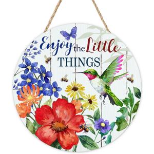 Spring Summer Hummingbird Floral Front Door Sign, Flower Enjoy The Little Things Wood Plaque Hanger Outdoor Home Decor, Bee Butterfly Farmhouse Wooden Wreath Indoor Wall Hanging Decoration