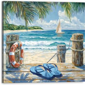 YUEYARIT Wall Decor Blue Ocean Beach Picture Canvas Print Art, 20"L x 20"W